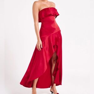 Meshki Sulianna Strapless Ruffle Midi Dress Satin Red Evening Gown Elegant NWT S